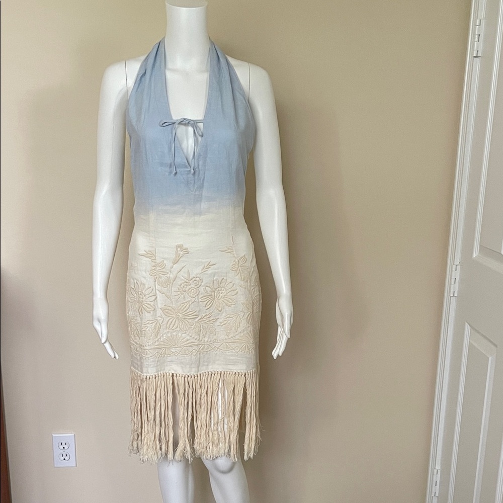 Elegant Blue and Cream Midi Dress